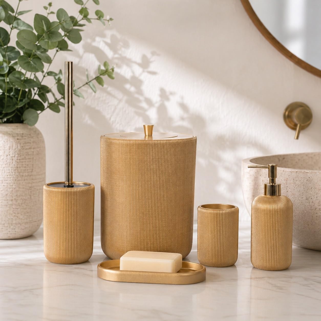 Lydia Collection 5-Piece Resin Bathroom Accessories Set – Toilet Brush Holder, Waste Bin, Soap Dispenser, Tray & Toothbrush Holder (Gold)