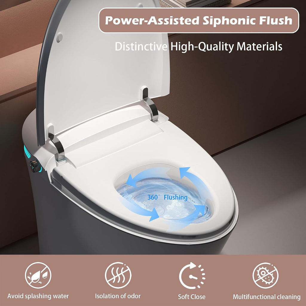 WinZo Smart Toilet With Bidet, ADA One-Piece Elongated, Auto Open/Close & Flush, Heated Seat, Front & Rear Wash, LED Display, Night Light, 12-inch Rough-in, White, Ceramic (White)