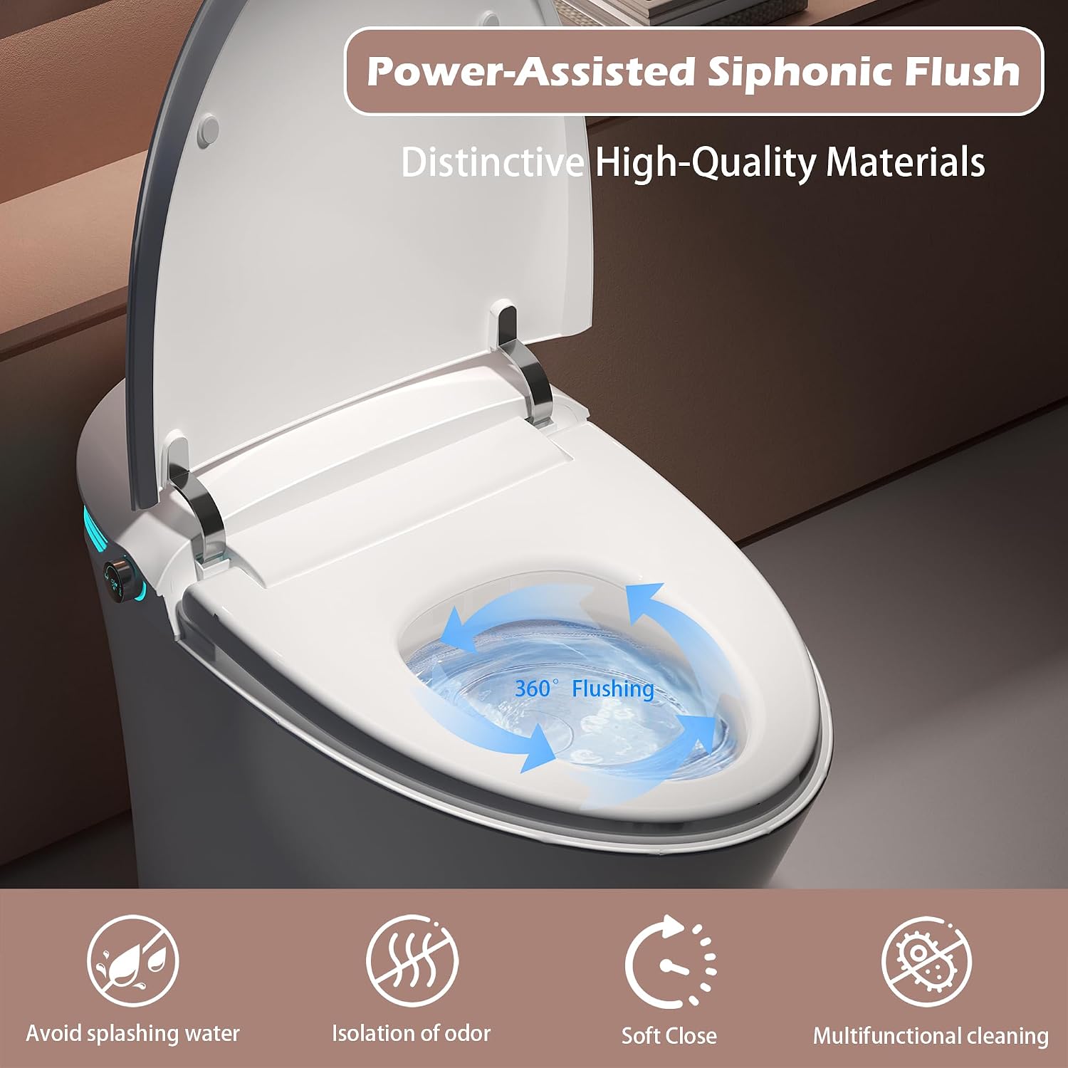 WinZo Smart Toilet With Bidet, ADA One-Piece Elongated, Auto Open/Close & Flush, Heated Seat, Front & Rear Wash, LED Display, Night Light, 12-inch Rough-in, White, Ceramic (White)