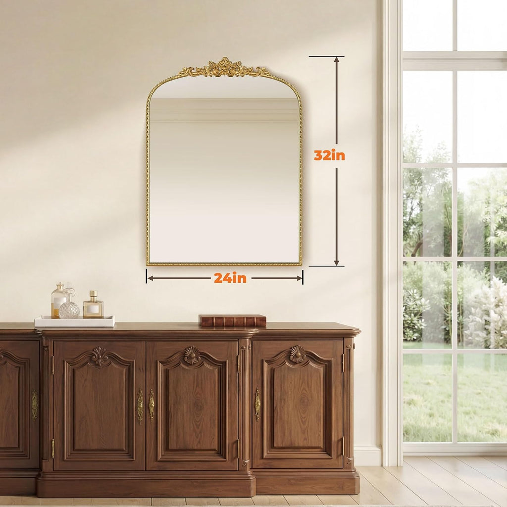 Gold Vintage Mirror 24x32 Inch, Laurel Leaf Ornate Beaded Frame Vertical Vanity Mirror, Antique Decorative Mirror for Bathroom, Bedroom, Entryway, Living Room