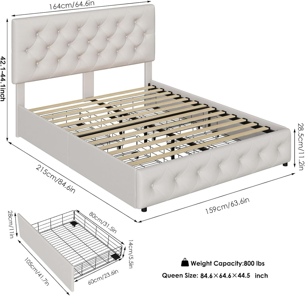 TTVIEW Queen Bed Frame with 4 Storage Drawers and Adjustable Headboard, Upholstered Platform Bed with Button Tufted Design, Strong Wooden Slats Support, No Box Spring Needed, Fabric, Cream