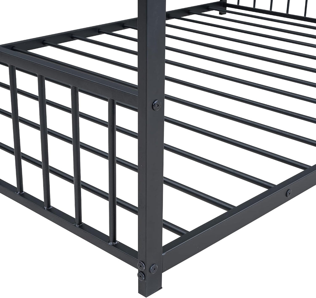 Bellemave Full Floor BedFrame with Slats for Kids, Metal Montessori Floor Beds, Full House Bed for Kids, Black with roof