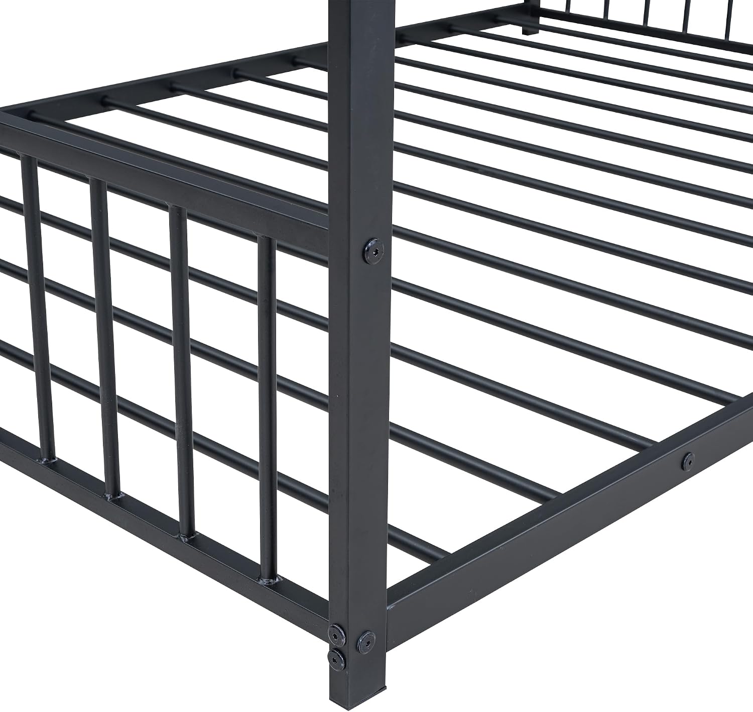Bellemave Full Floor BedFrame with Slats for Kids, Metal Montessori Floor Beds, Full House Bed for Kids, Black with roof