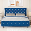HOMBCK Full Size Bed Frame, Upholstered Bed with Diamond Headboard, Black Velvet Bed Frame with Wingback Headboard & Footboard, No Box Spring Needed, Easy Assembly, Blue