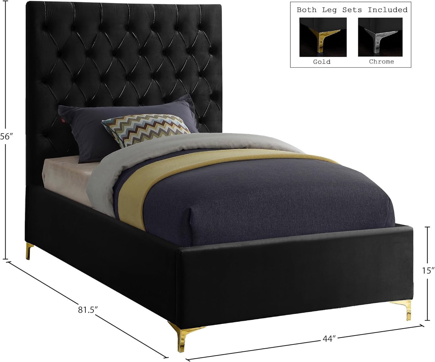 Meridian Furniture Cruz Collection Modern | Contemporary Velvet Upholstered Bed with Deep Button Tufting and Complete Sets of Gold and Chrome Legs Included, Twin, Black