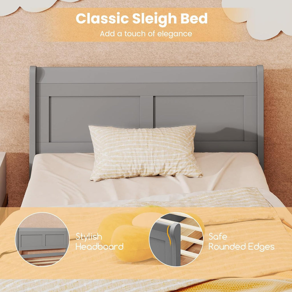 KOMFOTT Twin Bed with 2 Drawers, Twin Storage Bed with Headboard & Footboard, Sleigh Wood Bed Frame with Wooden Slats Support for Kids, Teens, Adults, No Box Spring Needed, Grey