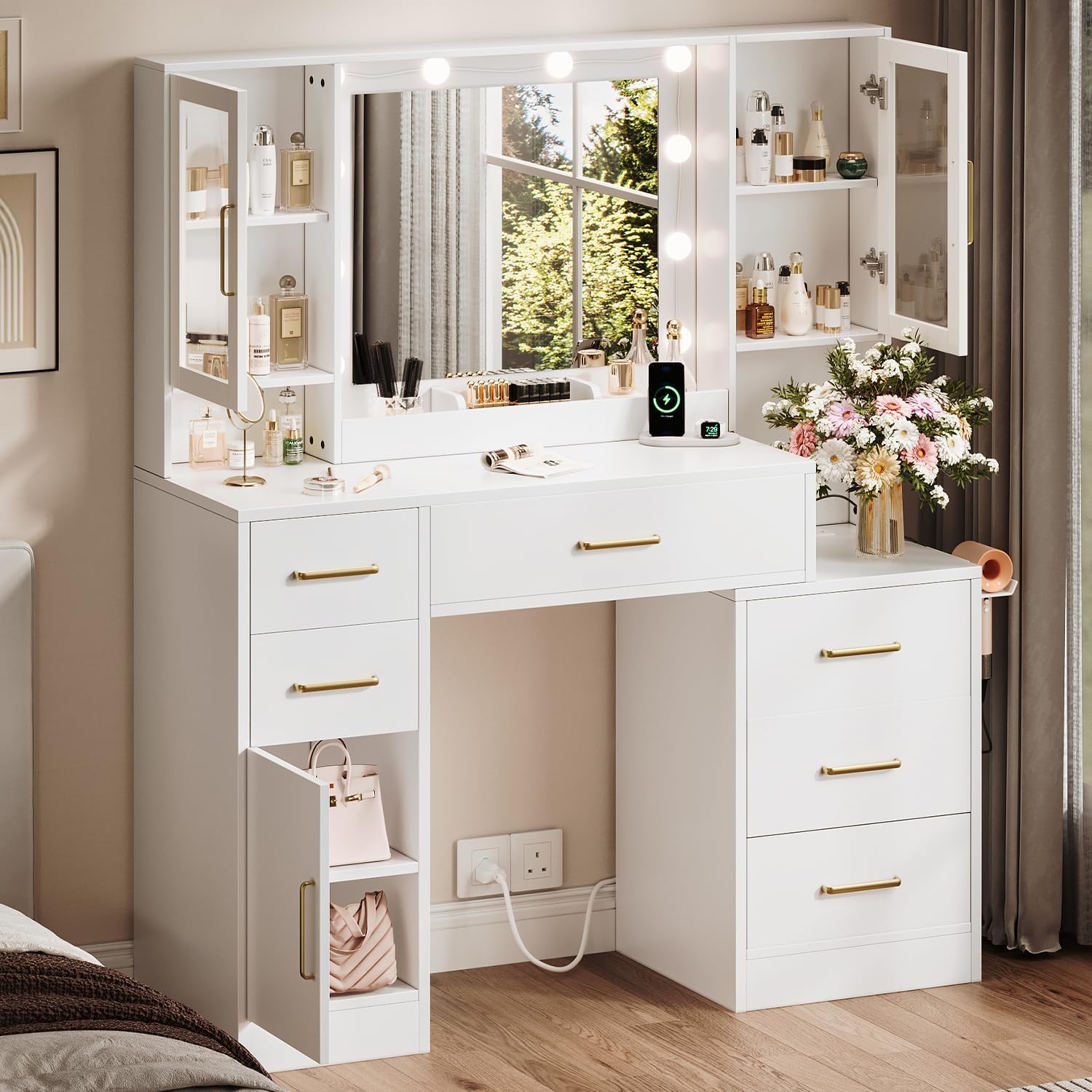 TOKSOM 51' Vanity Desk with Mirror and Lights & Charging Station, Bedroom Dressing Table, Large Vanity Set, 6 Drawers and 2 Cabinets, Makeup Vanity Table with Charging Station, Without Stool