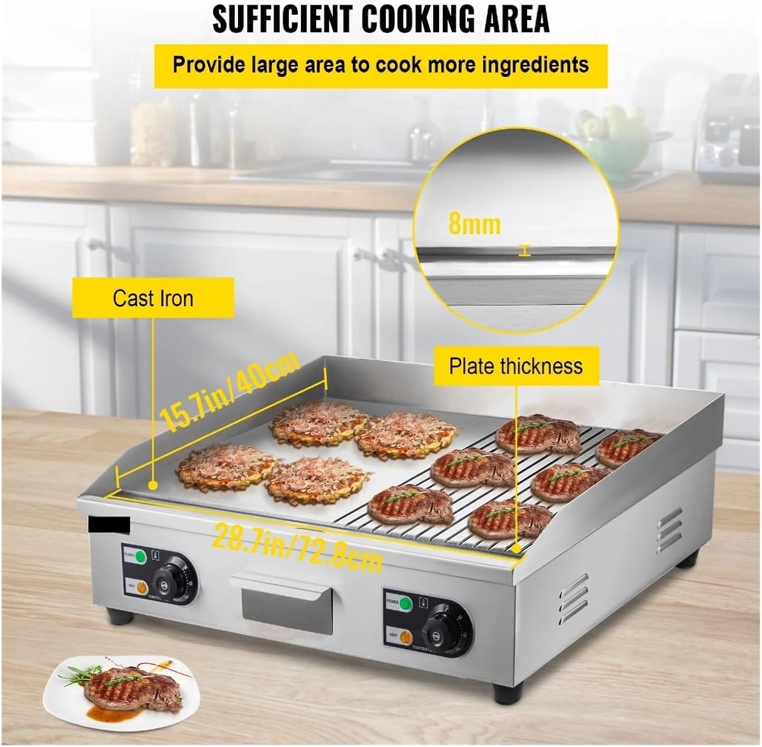 Electric Griddle Grill,Stainless Steel Flat Top Grill,Teppanyaki Grill With Adjustable Temperature Control 122°F-572°F For Beginnners DIY Use