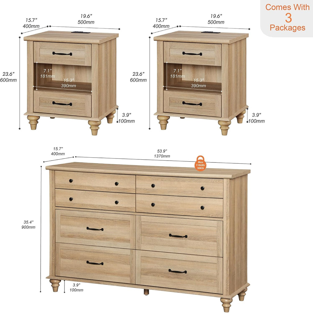 WAMPAT 3 Piece Bedroom Set - Includes Farmhouse 8 Drawer Dresser, Set of 2 Bedside Tables with Charging Station & Shelf, 3 Piece Dresser and Nightstand Sets, Oak
