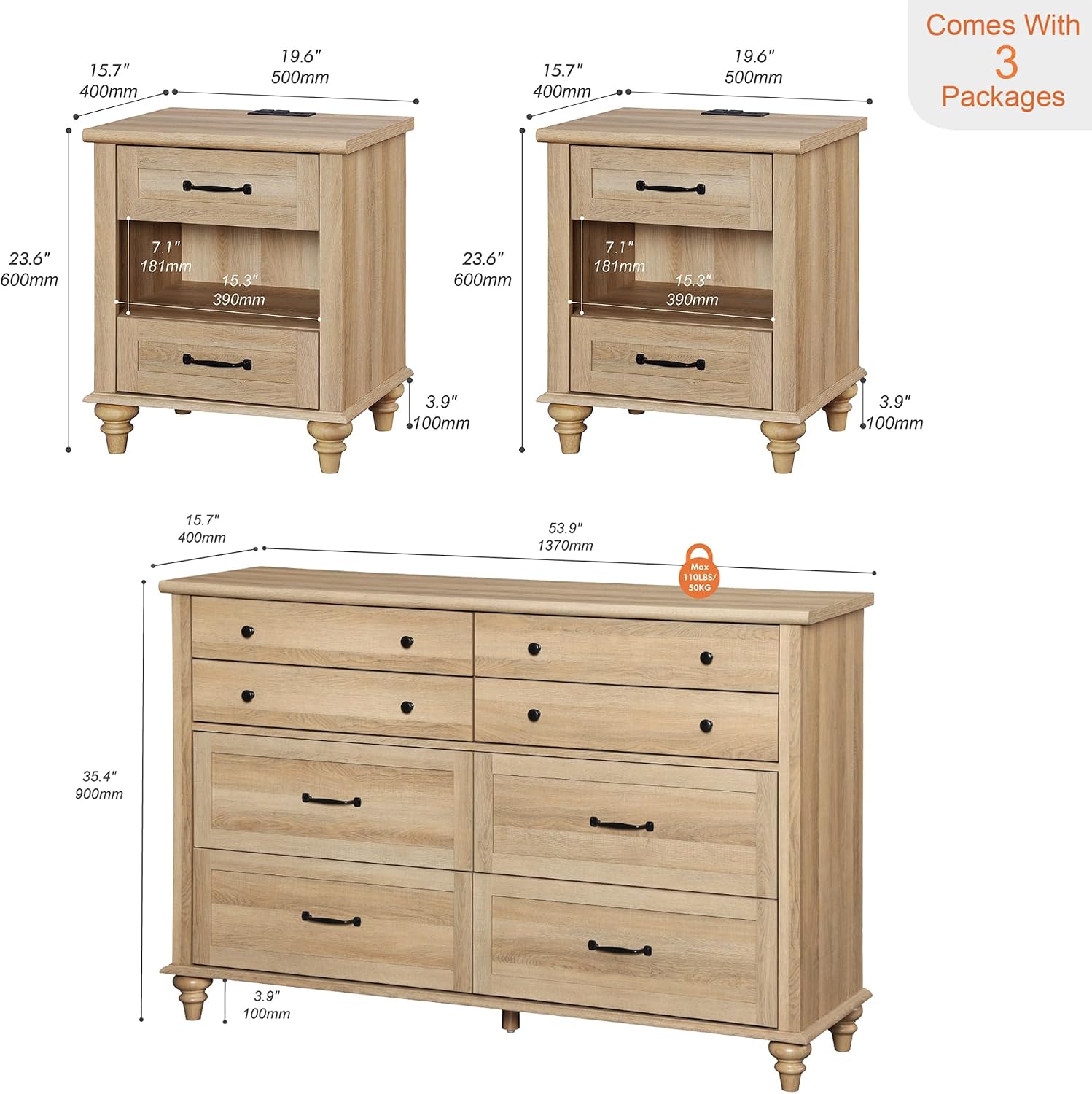 WAMPAT 3 Piece Bedroom Set - Includes Farmhouse 8 Drawer Dresser, Set of 2 Bedside Tables with Charging Station & Shelf, 3 Piece Dresser and Nightstand Sets, Oak