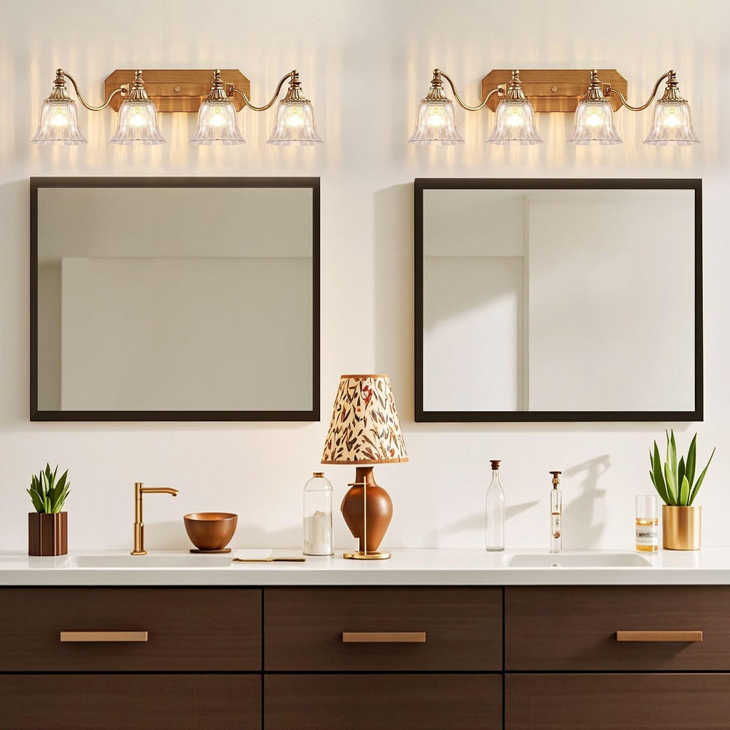 Gold Vintage Bathroom Light Fixtures, 4-Lights Bathroom Vanity Light, Antique Brushed Gold Lighting Fixtures Over Mirror with Crystal Glass Shade, Wall Sconce Lighting