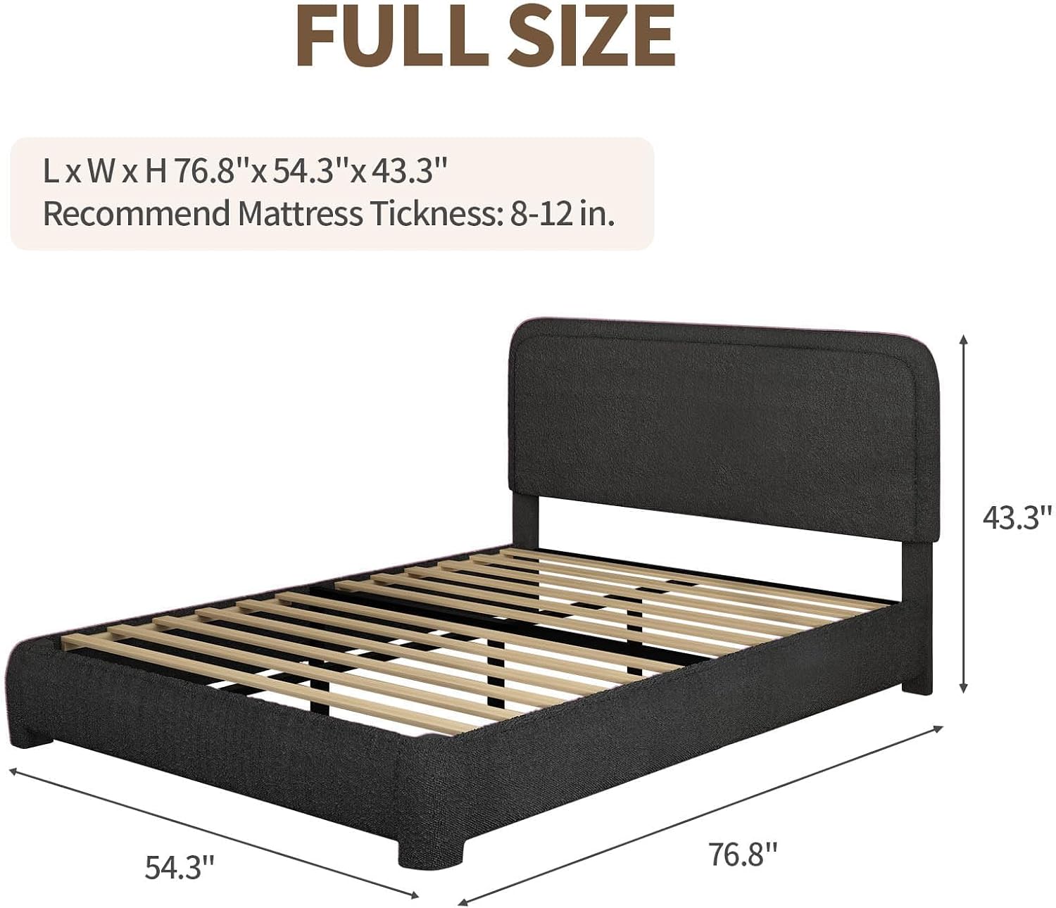 BarnFurin Full Size Bed Frame with Headboard, Boucle Upholstered Platform Bed Frame, Soft Rounded Corners, No Box Spring Required, Easy Assembly, Black