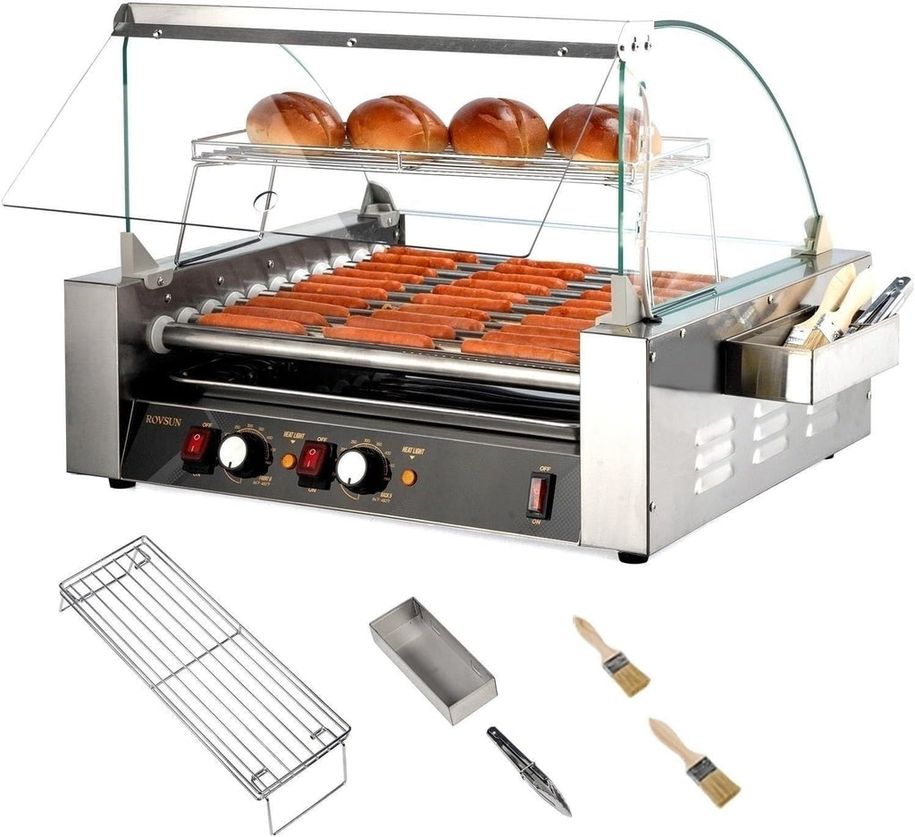 ROVSUN Hot Dog Roller, 30 Hot Dog 11 Rollers ETL Certified, Hot Dog Machine Sausage Grill Cooker with Dual Temp Control, Glass Cover, LED, Side Storage Box, Shelf & Drip Tray for Home Commercial 1650W