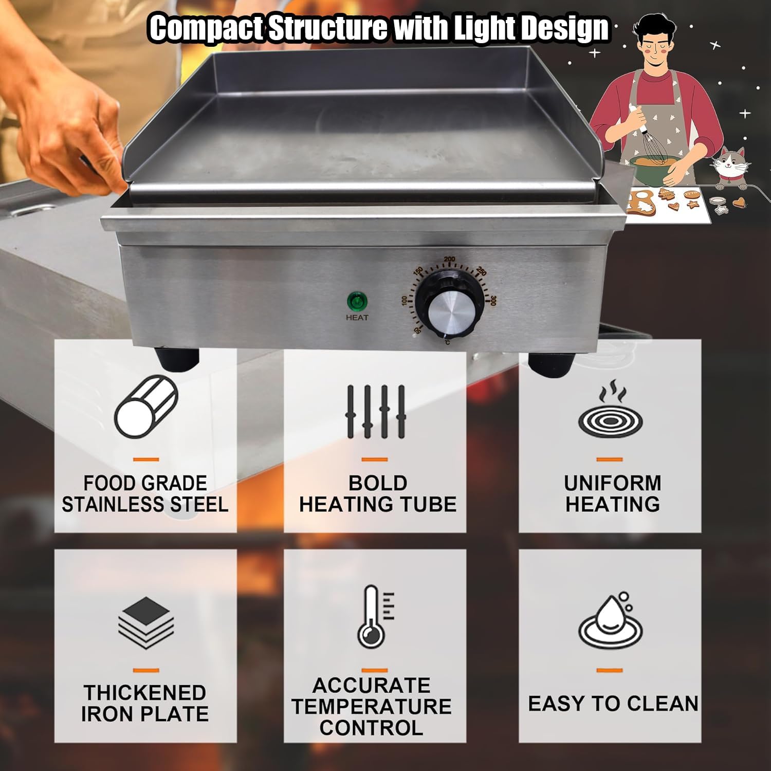 INTSUPERMAI Commercial Grill Griddle Teppanyaki Grill Countertop Griddle Flat Top Grill Hot Plate Stove with 12.6×10.24in/320×260mm Plate Size 50℃-300℃ Temperature Adjustable 110V 1200W