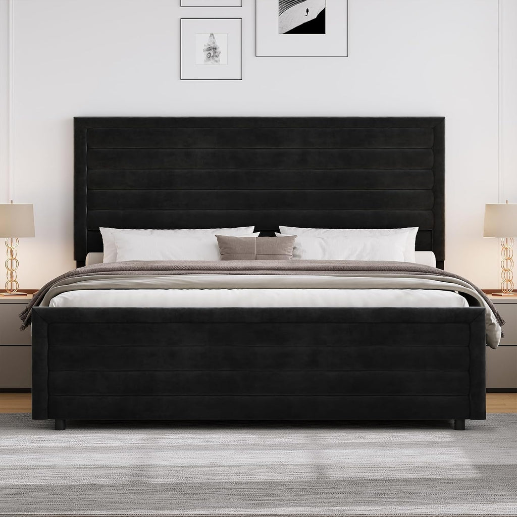 REVOMINCA Full Size Bed Frame, Full Platform Bed Frame with Velvet Upholstered Headboard, No Box Spring Needed, Easy Assembly, Black