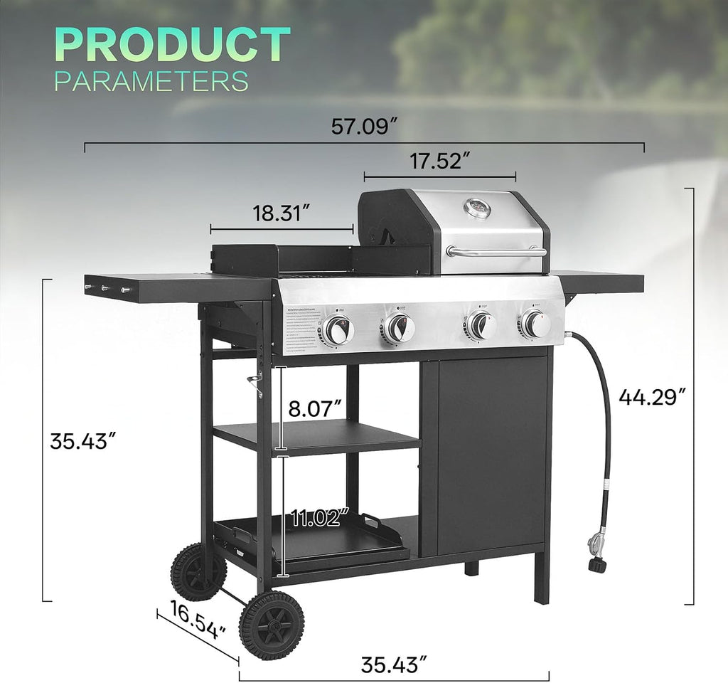 Endark 49,200 BTU 4-Burner Multi-Function Stainless Steel BBQ Grill - For Outdoor Cooking, Patio Backyard Barbecue, Camping - Griddle Combo for BBQ,FRYING and PIZZA