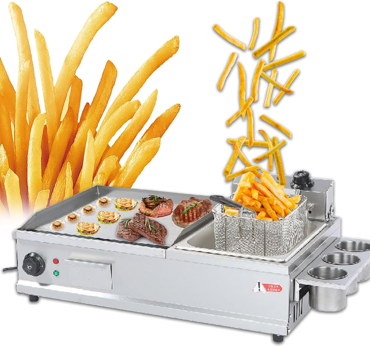 Electric Griddle Flat Top Grill with Deep Fryer, Electric Griddles Indoor Cooking, Countertop Griddle Stainless Steel Grill for Outdoor Catering,Large