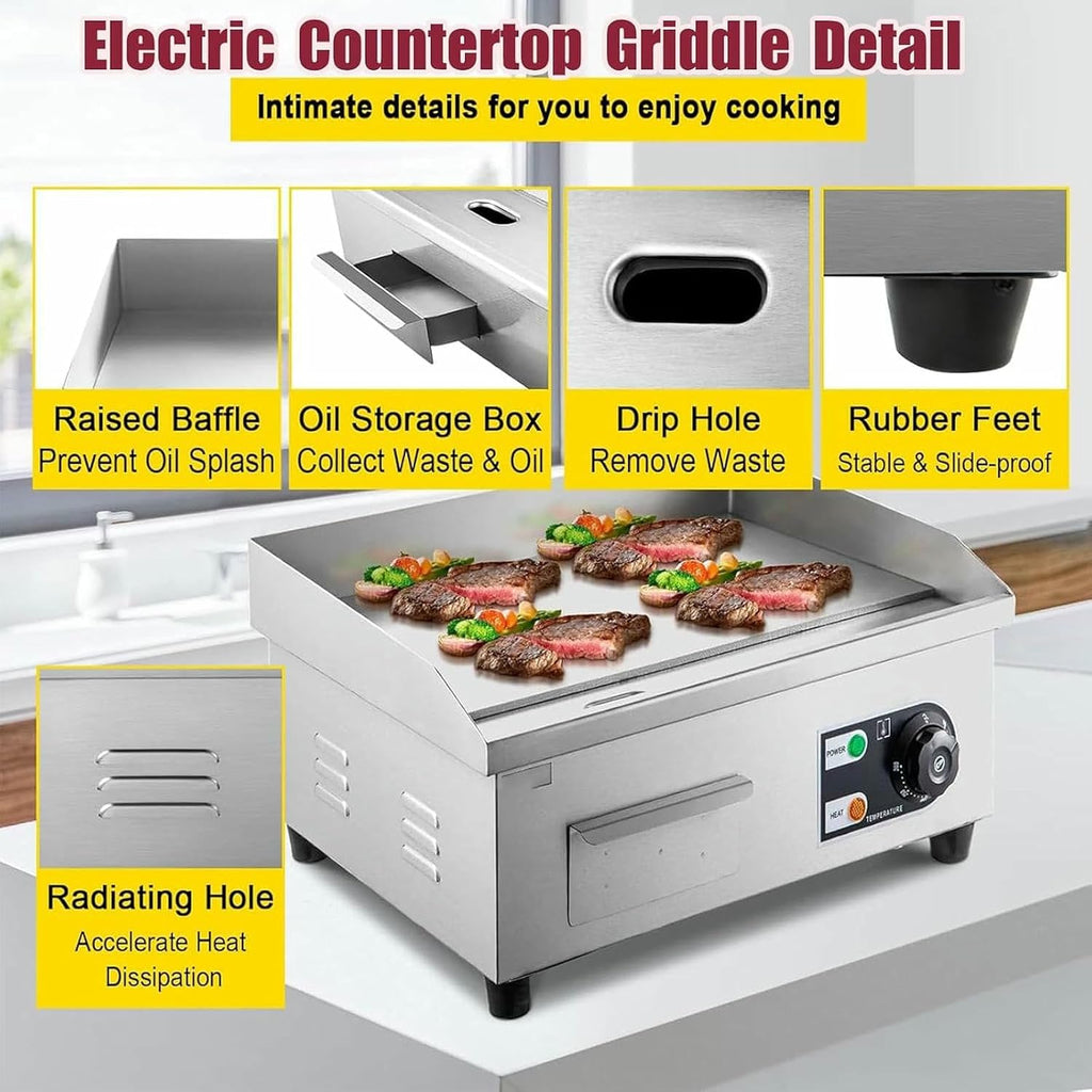 Commercial Electric Griddle,Countertop Flat Top Outdoor Griddles Hotplate 3KW BBQ Grill Mild Steel Steaks Business Catering Grill,