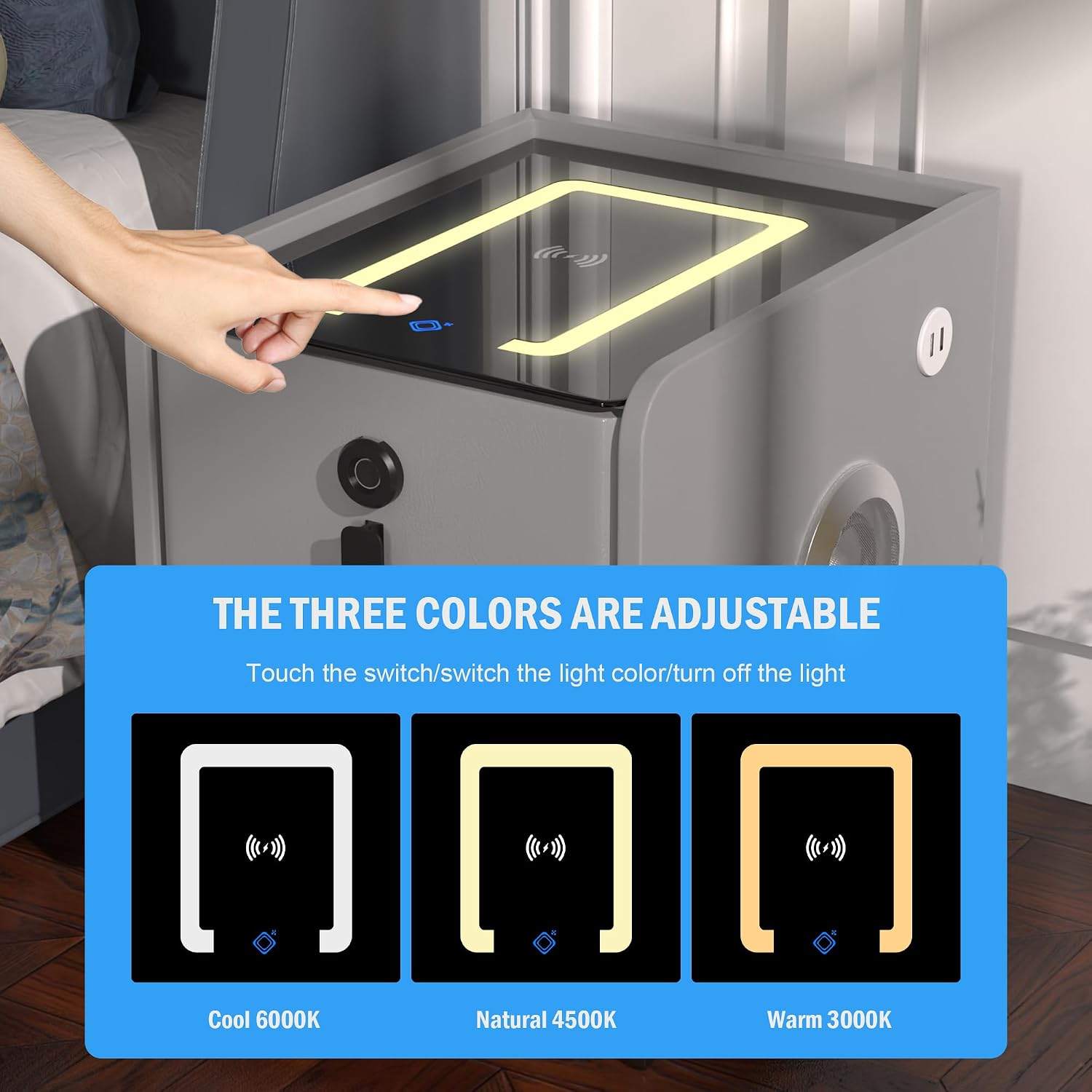 Grey Night Stand with Wireless Charging Station, Nightstand with 2 Drawers, Smart Bedside Table with 3 Lighting and Bluetooth Speaker, Modern LED Lighted Nightstand for Bedroom