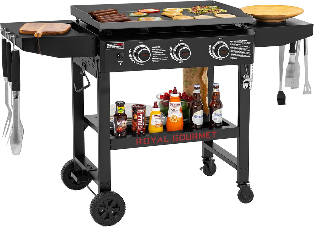 GB3000H 28-Inch 3-Burner Propane Gas Griddle in Black, Griddle with Collapsible Side Shelves, 492 Sq. In. Cooking Area, Perfect for Outdoor Cooking like Camping or Tailgating, Black