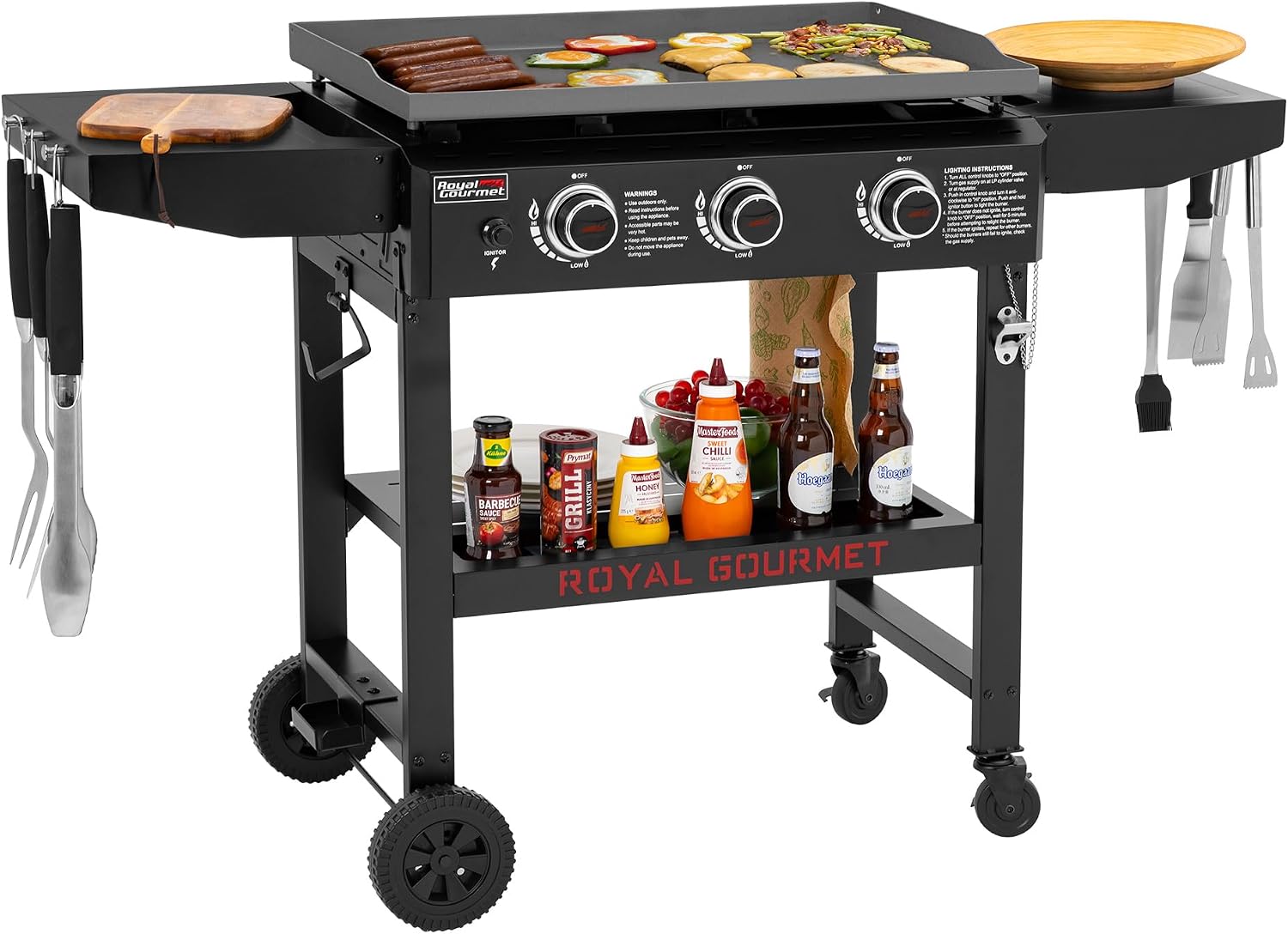 GB3000H 28-Inch 3-Burner Propane Gas Griddle in Black, Griddle with Collapsible Side Shelves, 492 Sq. In. Cooking Area, Perfect for Outdoor Cooking like Camping or Tailgating, Black