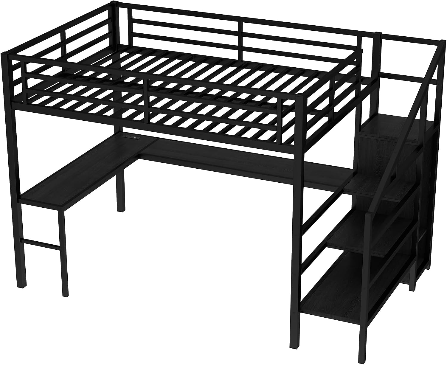 Bellemave Metal Queen Size Loft Bed with Desk and Storage Stairs,Heavy Duty Loft Bed Frame Queen Size with LED Lights,Wardrobe and Charging Station for Kids,Teens,Adults,Black