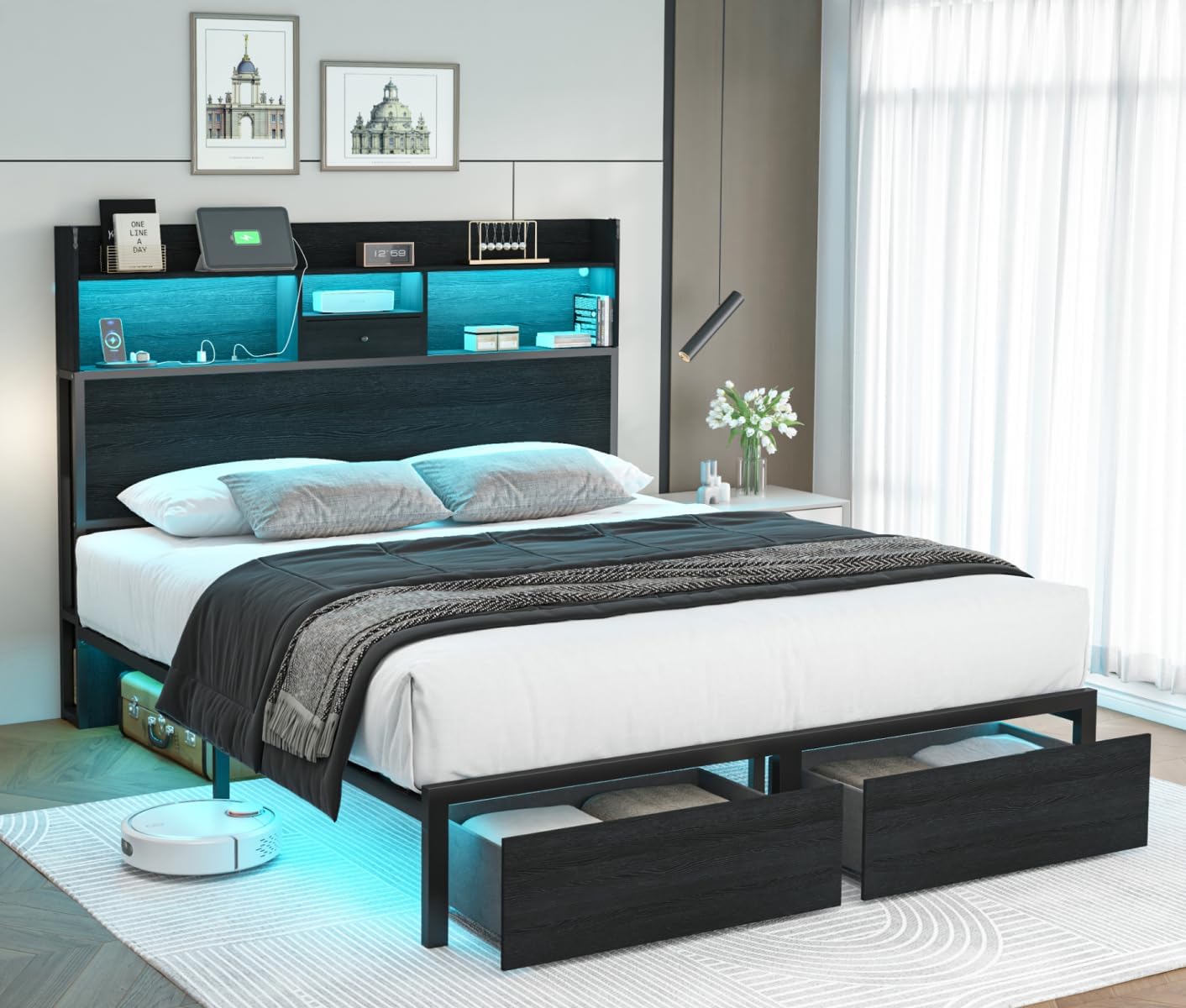 Full Size Bed Frame with Tall Headboard and LED Lights, 51.2' Bookcase Black Bed Frame Full with Storage Drawers and Charging Station, Platform Metal Bed Frames, No Box Spring Needed, Black