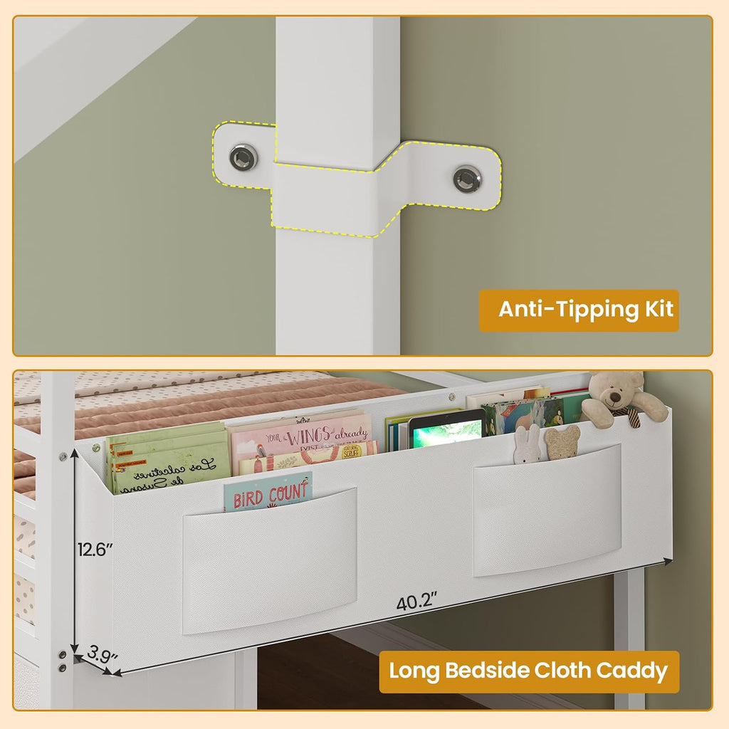 ADORNEVE Twin Size Bed Frame with 6 Drawers,House Bed with Globe String Lights Plug in,Metal Kids Bed with Safety Guardrail & Inclined Ladder,No Box Sping Needed,White