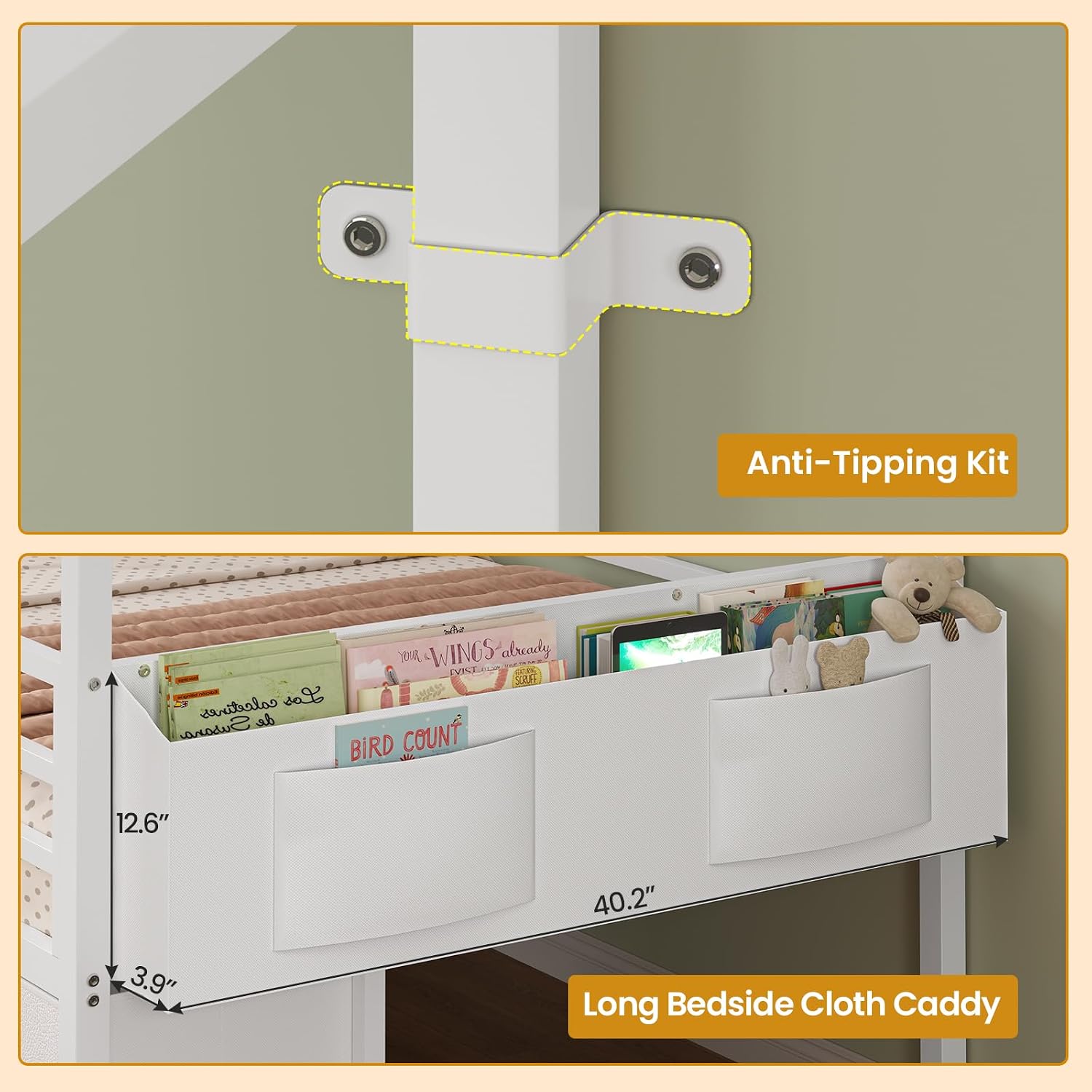 ADORNEVE Twin Size Bed Frame with 6 Drawers,House Bed with Globe String Lights Plug in,Metal Kids Bed with Safety Guardrail & Inclined Ladder,No Box Sping Needed,White