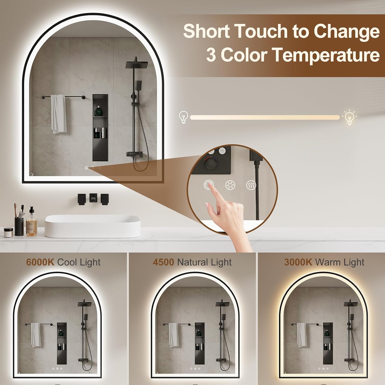 30.1'x36.1' Arched LED Mirror for Bathroom,Black Lighted Bathroom Mirror with Lights-Fogless, Dimmable, 3 Color Changing, Shatterproof, Touch Sensor