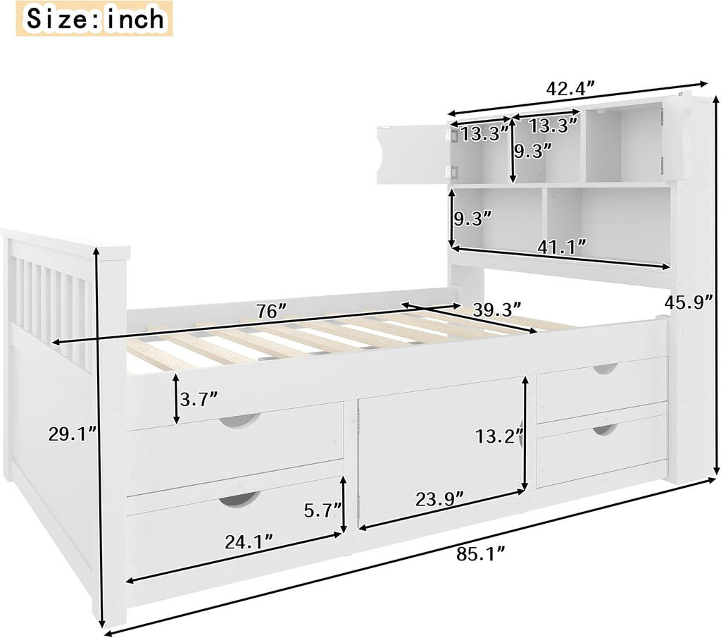 SOFTSEA Twin Size Captains Bed Frame with Storage Drawers, Wood Platform Bed with Bookcase Headboard, Storage Shelves and Doors for Kids Teens, No Box Spring Needed, White
