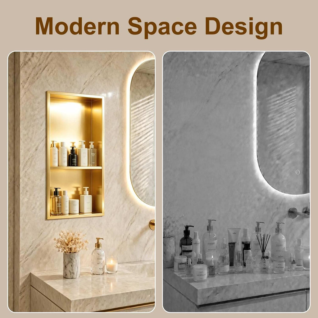SaniteModar Shower Niche, Stainless Steel Shower Niche No Tile Needed, Recessed for Bathroom Storage (Brushed Gold, 12' x 24' D)