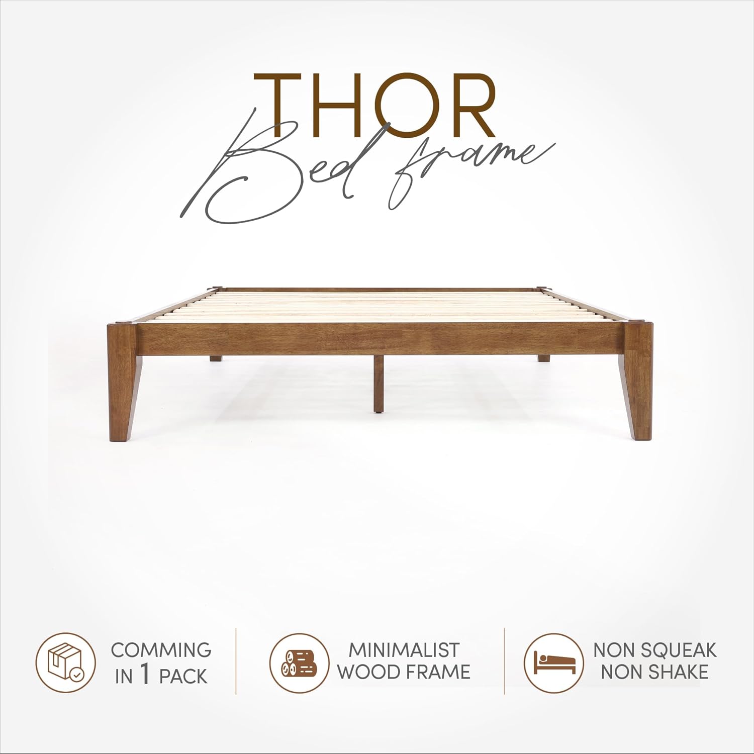 Thor Premium Solid Wood Bed Frame King, Japanese Joinery Bed Frame with Wood Slat Support, Platform Bed, No Box Spring Needed, Easy Assembly, Minimalist & Modern Style (Walnut)
