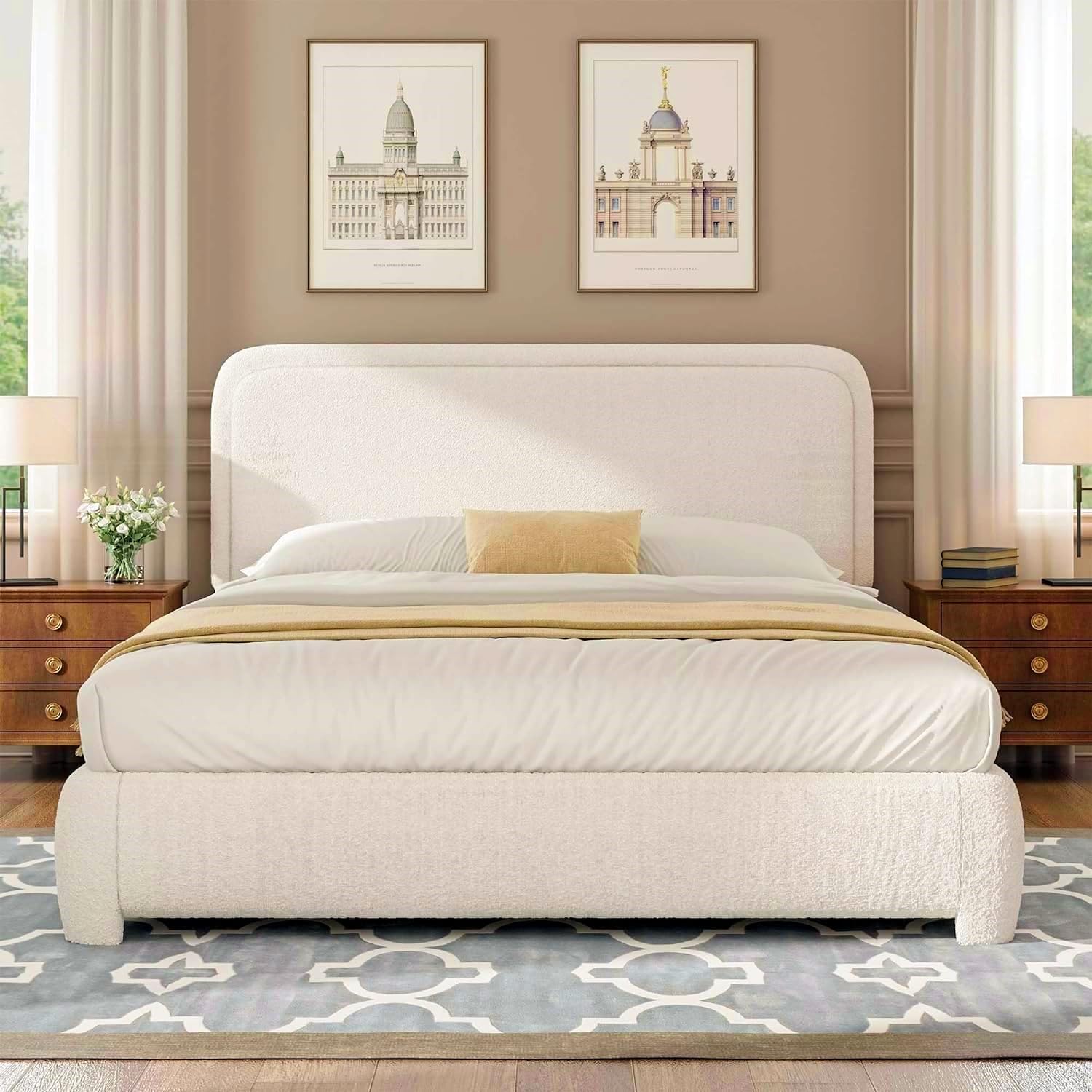 BarnFurin Queen Size Bed Frame with Headboard, Boucle Upholstered Platform Bed Frame, Soft Rounded Corners, No Box Spring Required, Easy Assembly, Beige