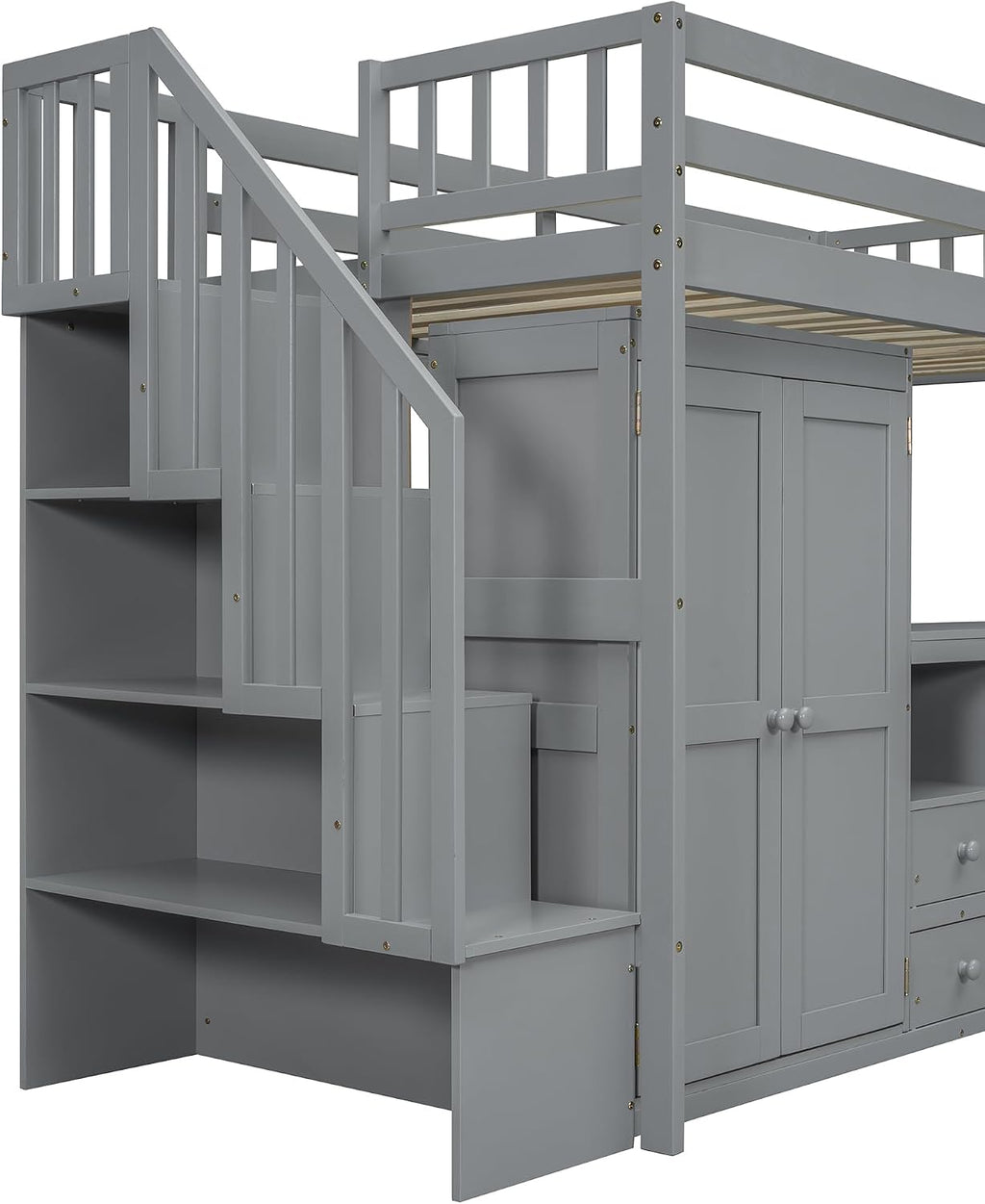 Merax Twin Multifunction Loft Bed with Desk, Wardrobe, Drawers, Wood Loft Bed with Staircase & Full Length Gardrails for Boys, Girls, No Box Spring Needed Gray