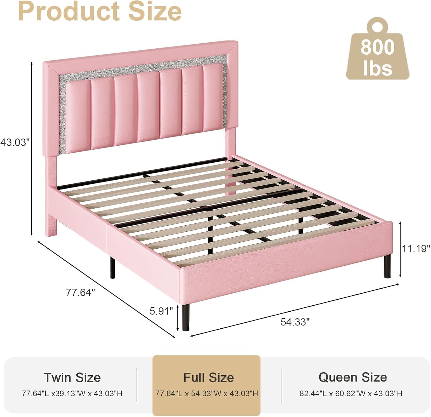 HOMBCK Full Bed Frame with Headboard, Faux Leather Upholstered Bed with Wooden Slats Support, Full Size Bed Frame with Diamond Vertical Stripe Design, Mattress Foundation, No Box Spring Needed, Pink
