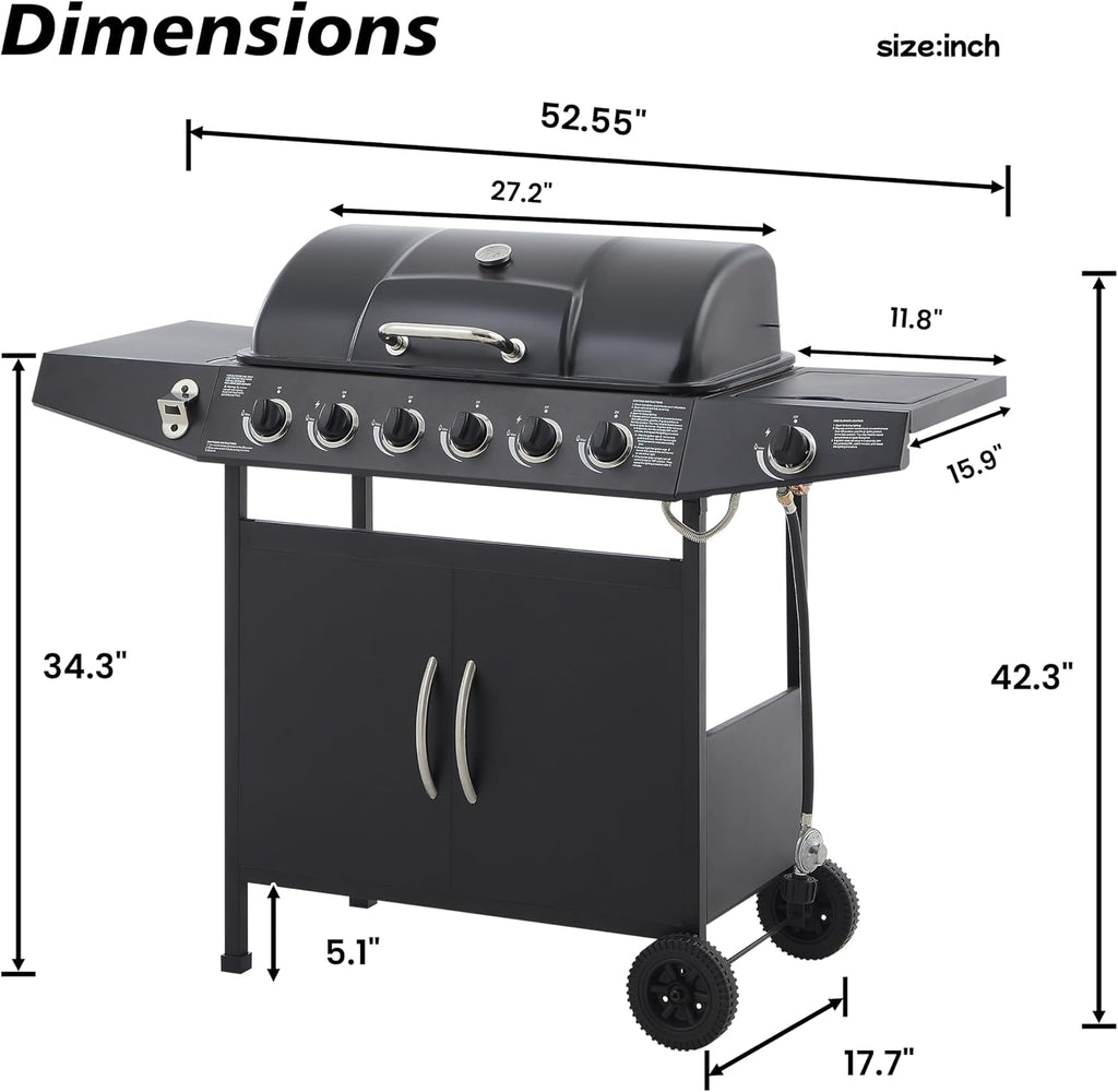 6-Burner Propane Gas Grills for Outdoor Cooking, 59000 BTU BBQ Portable Flat Top Grill Output Stainless Steel Barbecue Grill with Cabinet & Rolling Wheels and Side Tables (6 IN 1)