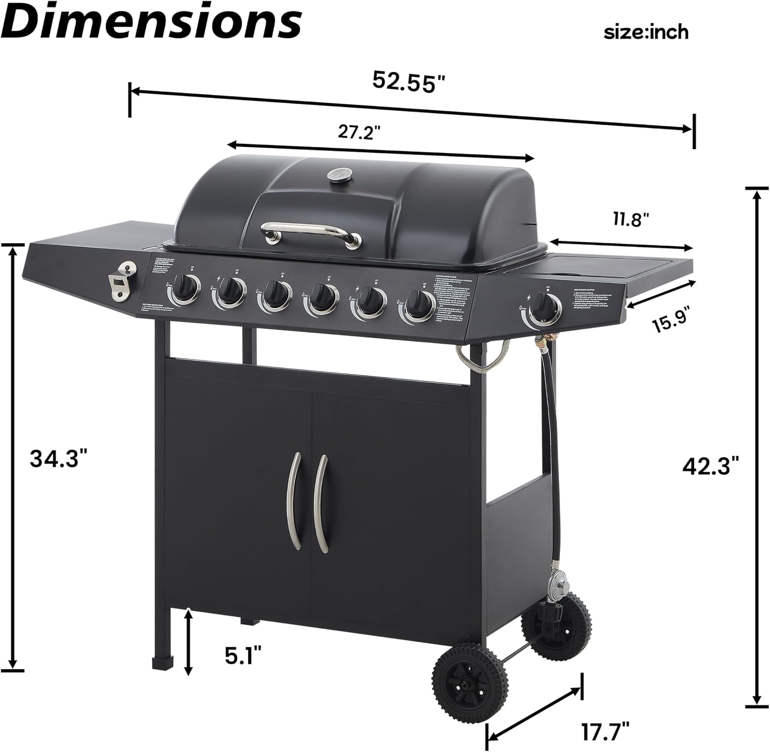 6-Burner Propane Gas Grills for Outdoor Cooking, 59000 BTU BBQ Portable Flat Top Grill Output Stainless Steel Barbecue Grill with Cabinet & Rolling Wheels and Side Tables (6 IN 1)