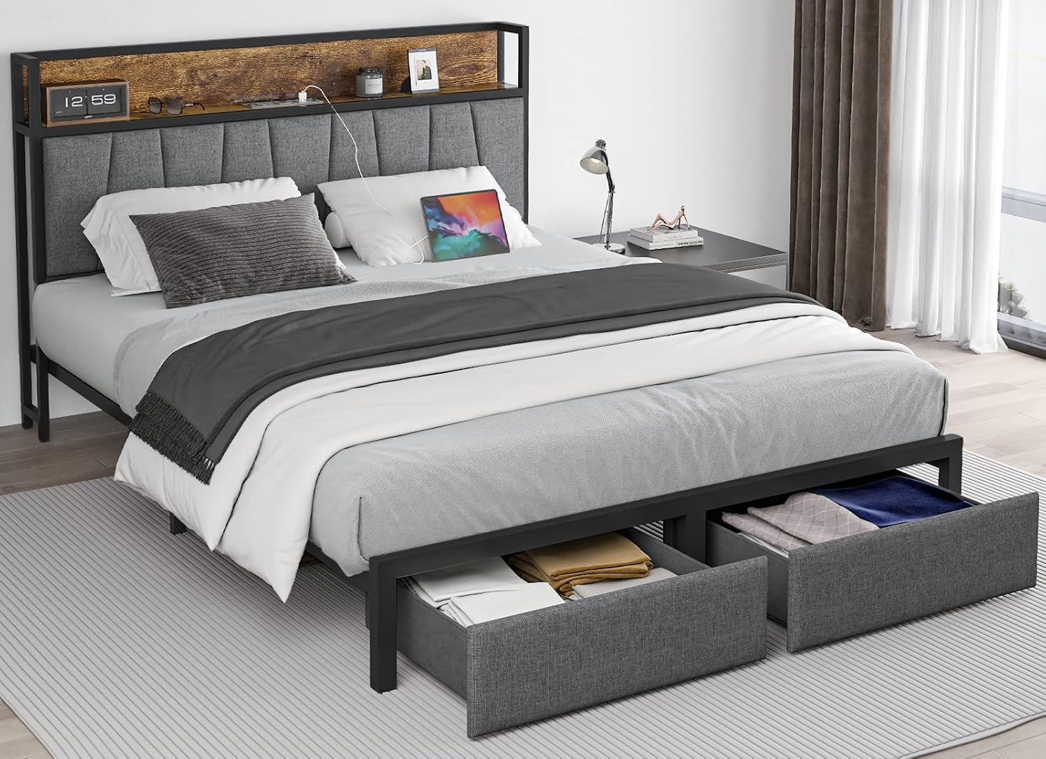 CIKUNASI Full Size Bed Frame with Headboard and Storage, Drawers Platform Bed Frame with Storage Chargin Station LED Light Bedframe, Heavy Duty, No Box Spring Needed