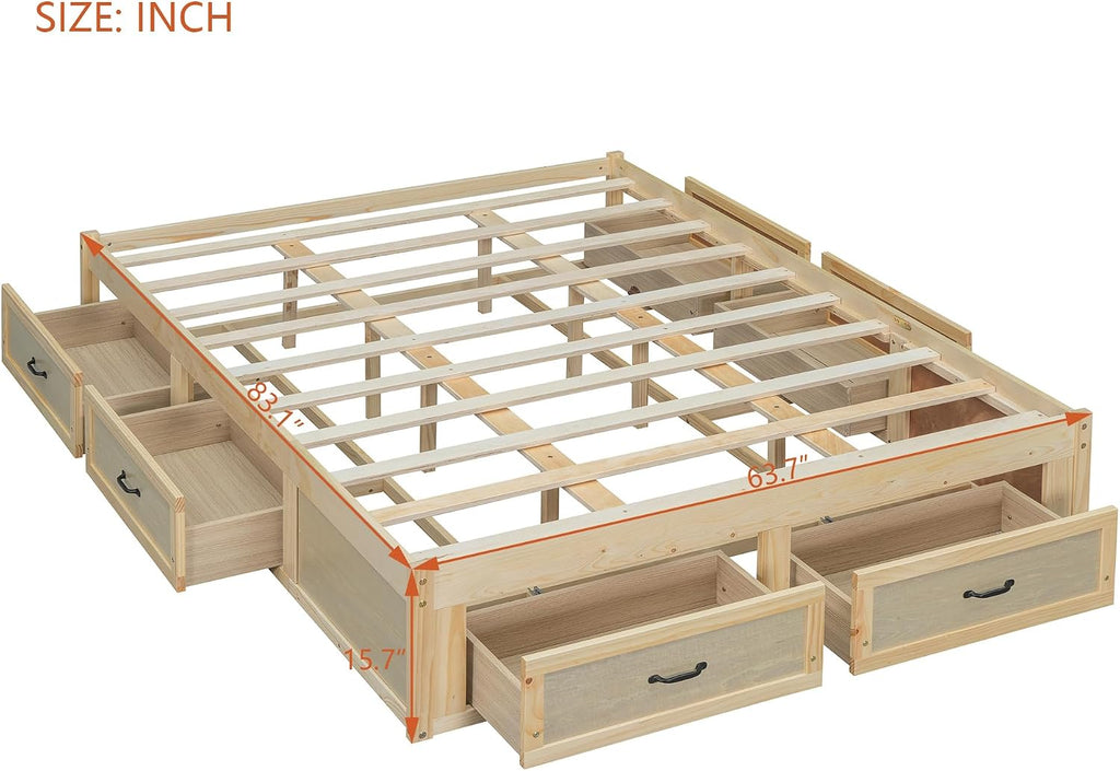 SOFTSEA Queen Size Bed Frame with 6 Storage Drawers, Wood Platform Bed Frame No Headboard with Support Slats, Farmhosue Platform Bed with Drawers, No Box Spring Needed, Easy Assembly, Antique Natural