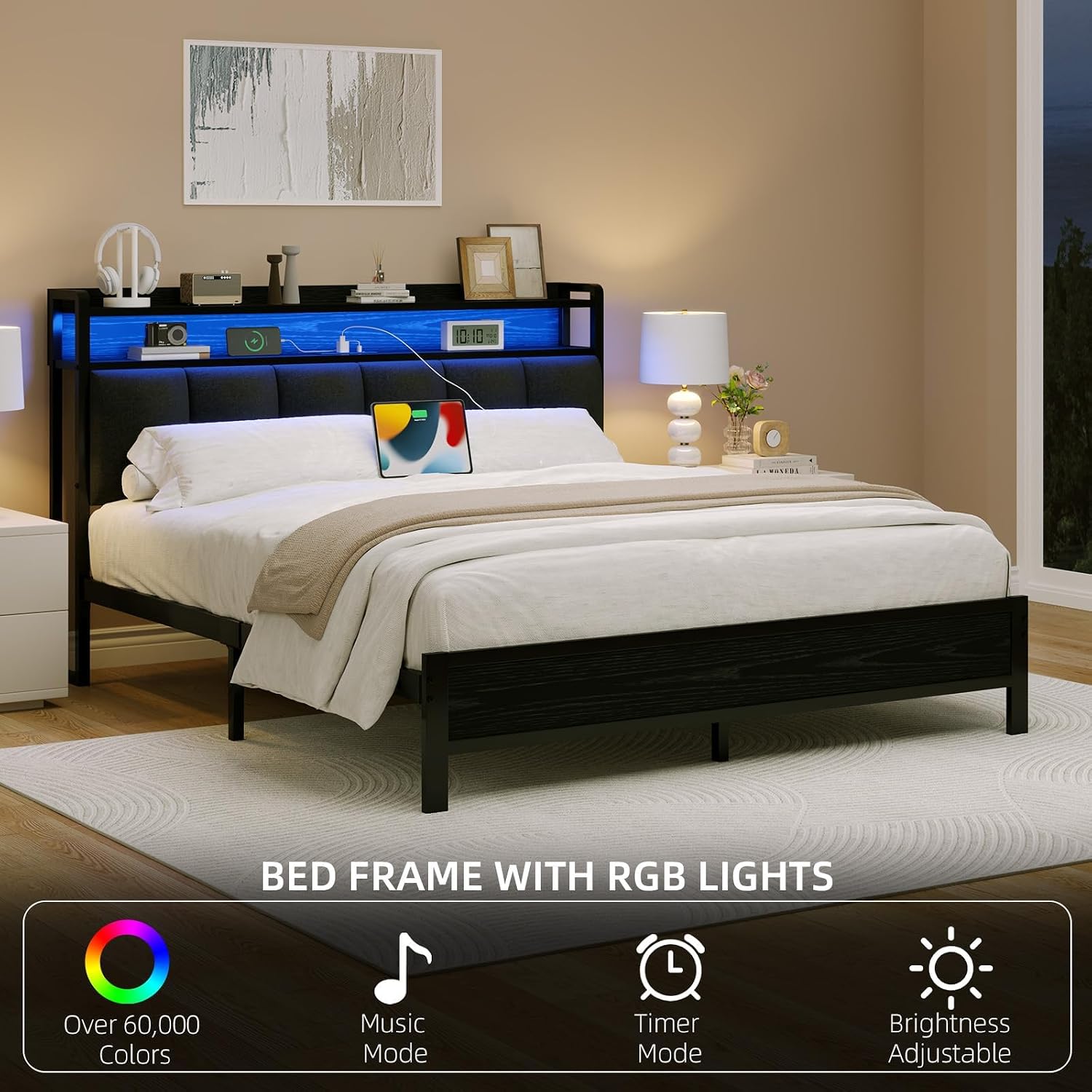 IMMERSTABLE Full Size Bed Frame with LED Lights and Charging Station, Upholstered Storage Headboard, Full Metal Platform Bed Frame with Metal Slats, No Box Spring Needed, Easy Assembly, Dark Grey