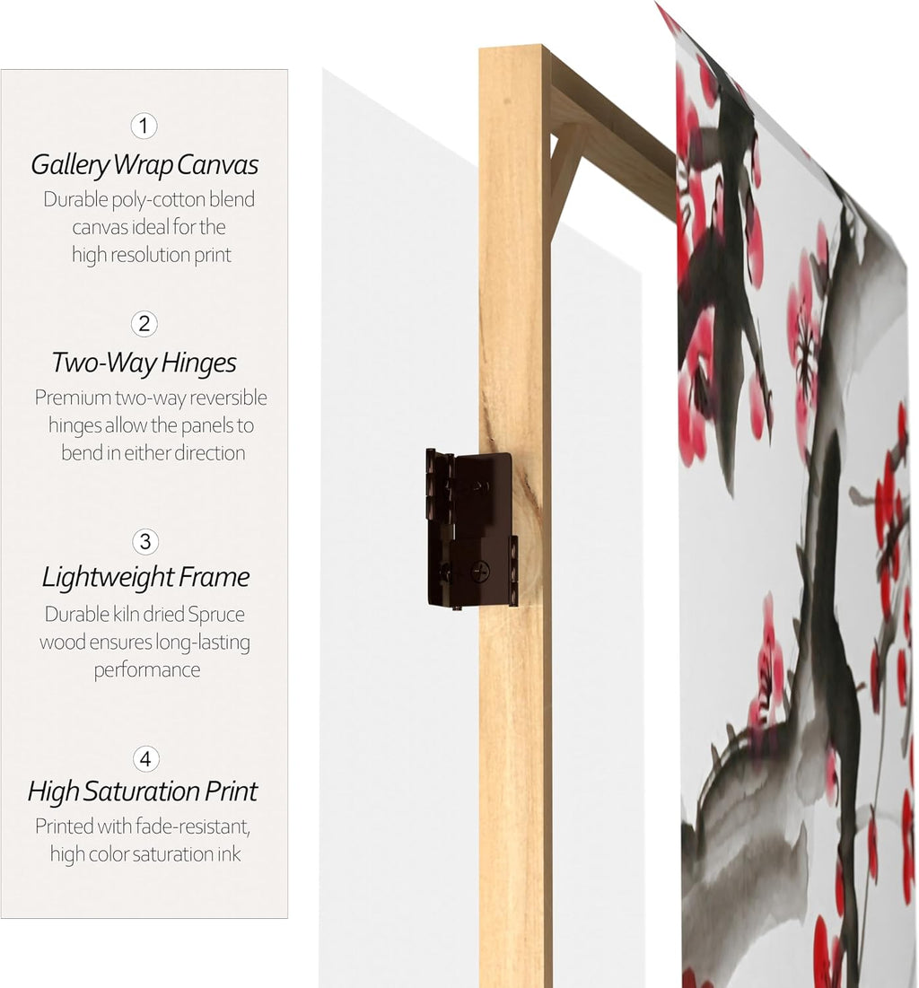 Red Lantern 4 ft. Short Double Sided Plum Blossom Canvas Folding Screen 6 Panel Freestanding Partition and Separator for Modern and Contemporary Bedroom, Home Office, Studio, Dorm, Apartment