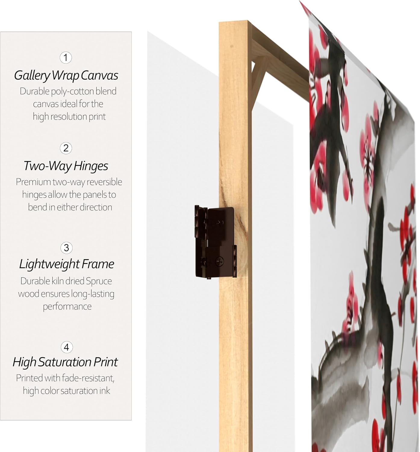 Red Lantern 4 ft. Short Double Sided Plum Blossom Canvas Folding Screen 6 Panel Freestanding Partition and Separator for Modern and Contemporary Bedroom, Home Office, Studio, Dorm, Apartment