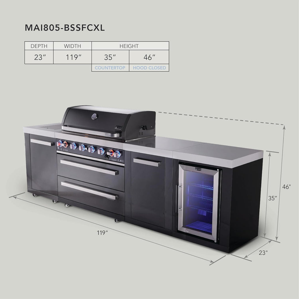 Mont Alpi Premium 119'W x 23'D Black Stainless Steel Outdoor Kitchen Island with Refrigerator + 44'W 6-Burner BBQ Grill + Granite Countertops + Storage Cabinets + Chopping Board + Rotisserie + Cover