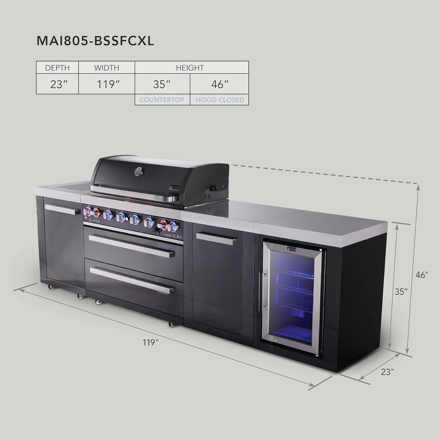 Mont Alpi Premium 119'W x 23'D Black Stainless Steel Outdoor Kitchen Island with Refrigerator + 44'W 6-Burner BBQ Grill + Granite Countertops + Storage Cabinets + Chopping Board + Rotisserie + Cover