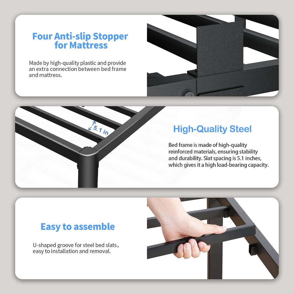 ROIL 12 inch Metal Queen Bed Frame with Rounded Corner and Headboard Hole Mattress Retainers 3500LBS Heavy Duty Steel Slats No Box Spring Needed Platform Noise-Free Easy Assemble