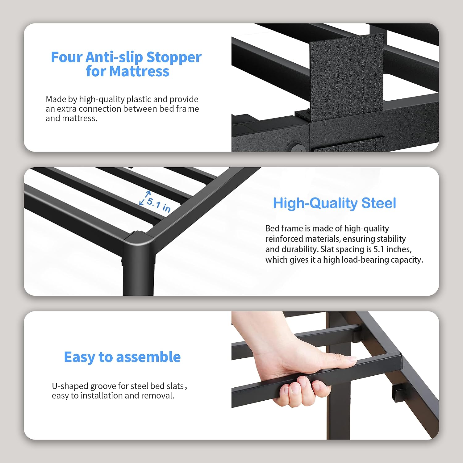 ROIL 12 inch Metal Queen Bed Frame with Rounded Corner and Headboard Hole Mattress Retainers 3500LBS Heavy Duty Steel Slats No Box Spring Needed Platform Noise-Free Easy Assemble