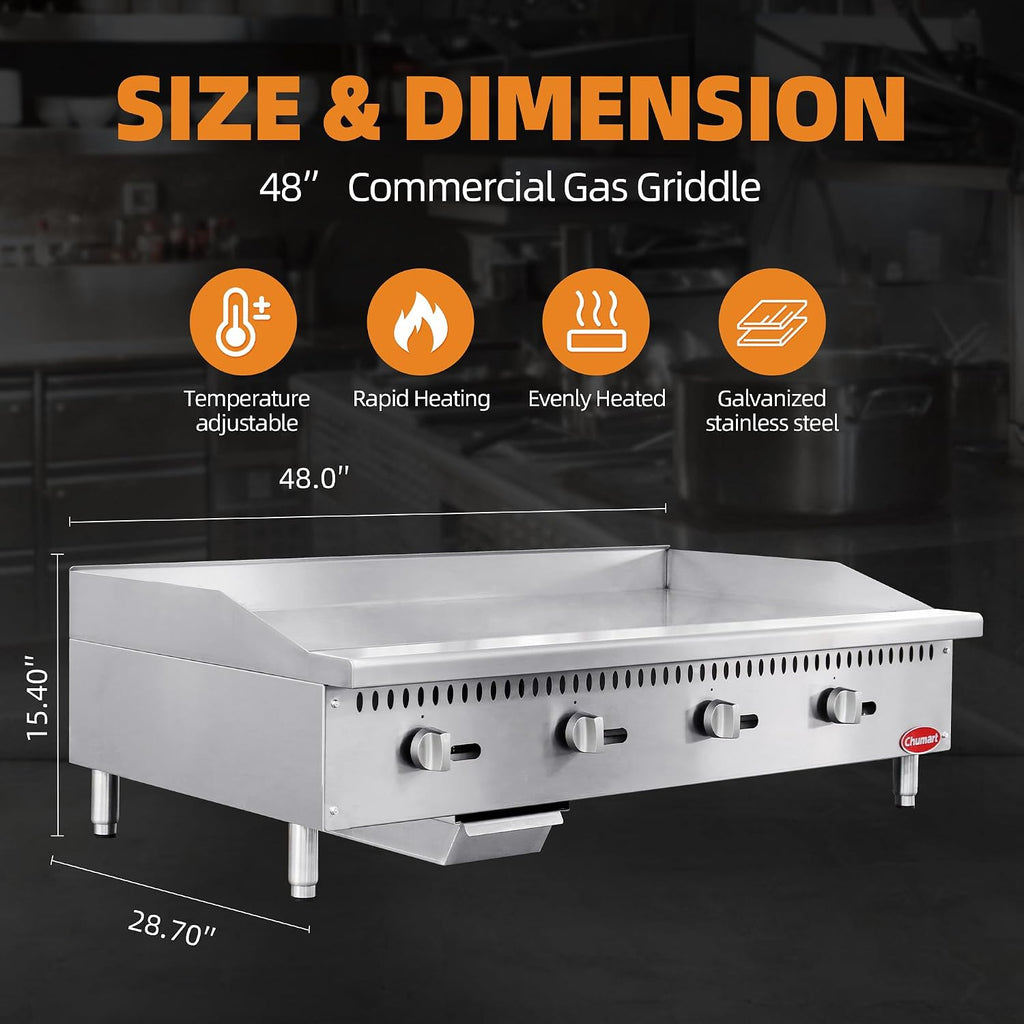 48' Commercial Countertop Griddle, 4 Burners Gas Griddle, 120000 BTU Output, Stainless Steel Flat Top Grill Hot Plate with Natural Gas and Propane Conversion Kit for Restaurant, Food Truck