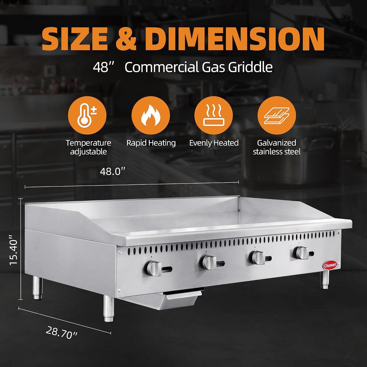 48' Commercial Countertop Griddle, 4 Burners Gas Griddle, 120000 BTU Output, Stainless Steel Flat Top Grill Hot Plate with Natural Gas and Propane Conversion Kit for Restaurant, Food Truck