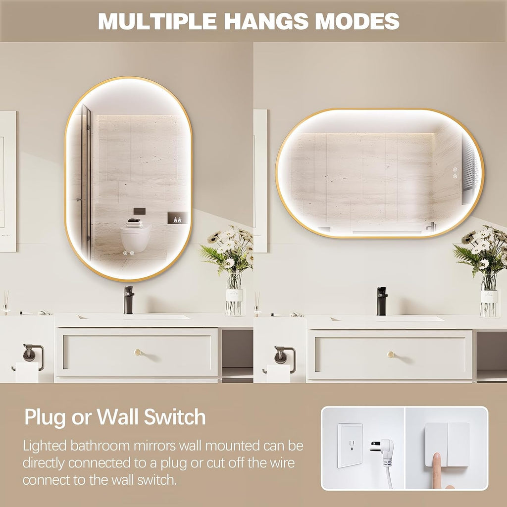 32'x20' Oval Led Mirror for Bathroom, Gold Metal Framed Lighted Vanity Mirror with Lights, Anti-Fog Light Up Mirror with 3 Colors Dimmable, Frontlit, Shatterproof, Horizontal/Vertical